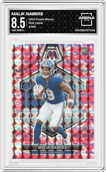Malik Nabers from the 2024 Panini Mosaic set featuring a Pink Camo parallel graded by Arena Club and given an overall grade of 8.5.