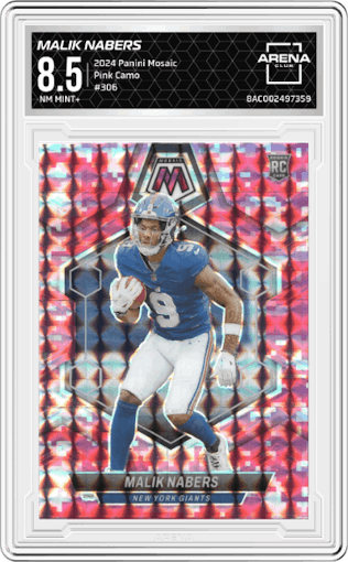 Malik Nabers from the 2024 Panini Mosaic set featuring a Pink Camo parallel graded by Arena Club and given an overall grade of 8.5.