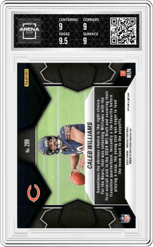 Caleb Williams from the 2024 Panini Mosaic set featuring a Pink Camo parallel graded by Arena Club and given an overall grade of 9.