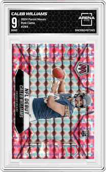 Caleb Williams from the 2024 Panini Mosaic set featuring a Pink Camo parallel graded by Arena Club and given an overall grade of 9.