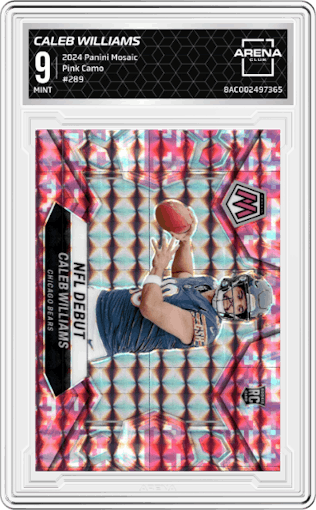 Caleb Williams from the 2024 Panini Mosaic set featuring a Pink Camo parallel graded by Arena Club and given an overall grade of 9.