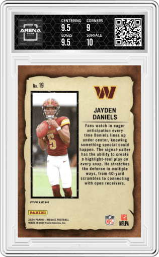 Jayden Daniels from the 2024 Panini Mosaic set featuring a Green Mosaic parallel graded by Arena Club and given an overall grade of 9.5.