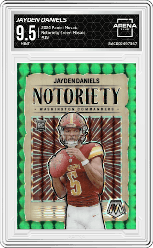 Jayden Daniels from the 2024 Panini Mosaic set featuring a Green Mosaic parallel graded by Arena Club and given an overall grade of 9.5.