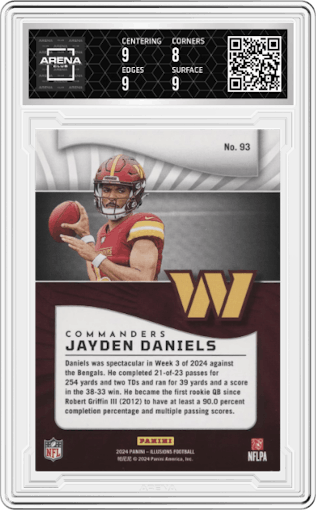 Jayden Daniels from the 2024 Panini Illusions set graded by Arena Club and given an overall grade of 8.5.