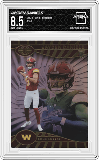 Jayden Daniels from the 2024 Panini Illusions set graded by Arena Club and given an overall grade of 8.5.