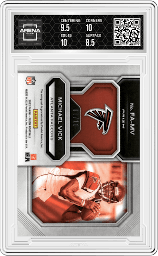 Michael Vick from the 2022 Panini Prizm set featuring a Gold parallel graded by Arena Club and given an overall grade of 9.