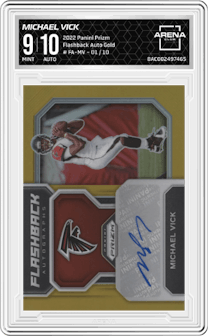 Michael Vick from the 2022 Panini Prizm set featuring a Gold parallel and given an overall grade of 9.
