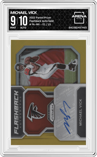 Michael Vick from the 2022 Panini Prizm set featuring a Gold parallel graded by Arena Club and given an overall grade of 9.