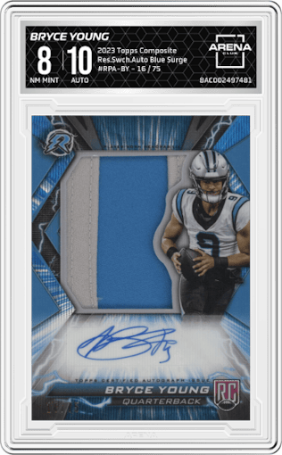 Bryce Young from the 2023 Topps Composite set featuring a Blue Surge parallel graded by Arena Club and given an overall grade of 8.