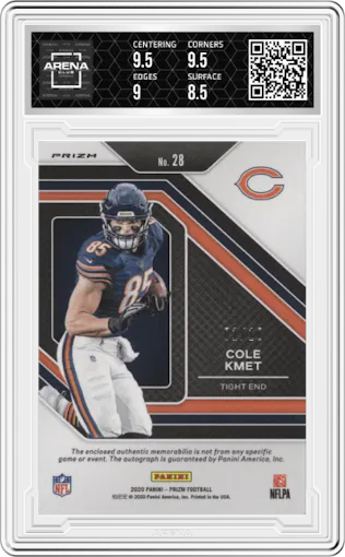 Cole Kmet from the 2020 Panini Prizm set featuring a Gold Prizm parallel graded by Arena Club and given an overall grade of 9.