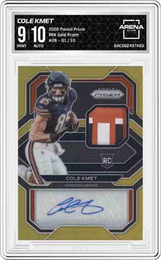 Cole Kmet from the 2020 Panini Prizm set featuring a Gold Prizm parallel graded by Arena Club and given an overall grade of 9.