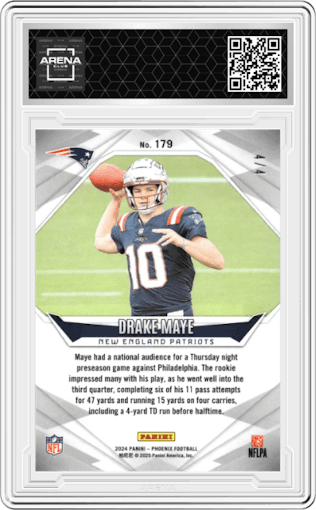Drake Maye from the 2024 Panini Phoenix set featuring a Dreamweaver parallel graded by Arena Club.