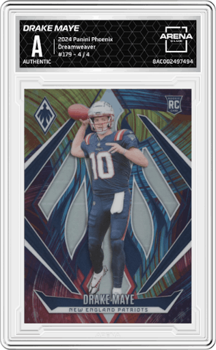 Drake Maye from the 2024 Panini Phoenix set featuring a Dreamweaver parallel graded by Arena Club.