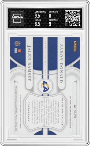 Aaron Donald / Jalen Ramsey from the 2021 Panini National Treasures set graded by Arena Club and given an overall grade of 8.5.