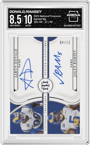Aaron Donald / Jalen Ramsey from the 2021 Panini National Treasures set graded by Arena Club and given an overall grade of 8.5.