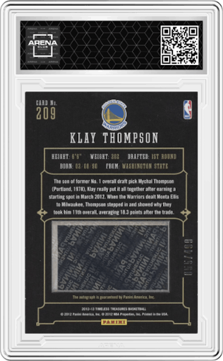 Klay Thompson from the 2012-13 Panini Timeless Treasures set graded by Arena Club.