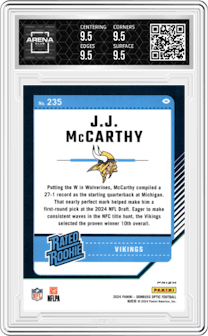 J.J. McCarthy from the 2024 Donruss Optic set featuring a Purple Shock parallel graded by Arena Club and given an overall grade of 9.5.
