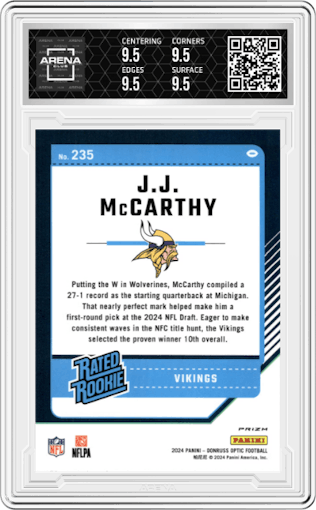 J.J. McCarthy from the 2024 Donruss Optic set featuring a Purple Shock parallel graded by Arena Club and given an overall grade of 9.5.