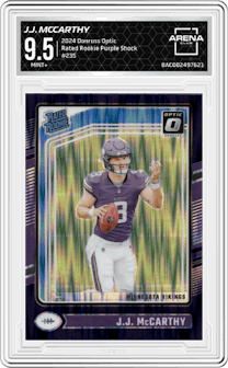 J.J. McCarthy from the 2024 Donruss Optic set featuring a Purple Shock parallel graded by Arena Club and given an overall grade of 9.5.
