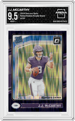 J.J. McCarthy from the 2024 Donruss Optic set featuring a Purple Shock parallel graded by Arena Club and given an overall grade of 9.5.