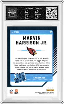 Marvin Harrison Jr.  from the 2024 Donruss Optic set featuring a Pink parallel graded by Arena Club and given an overall grade of 9.5.