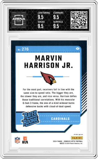Marvin Harrison Jr.  from the 2024 Donruss Optic set featuring a Pink parallel graded by Arena Club and given an overall grade of 9.5.