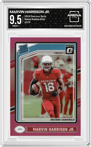 Marvin Harrison Jr.  from the 2024 Donruss Optic set featuring a Pink parallel graded by Arena Club and given an overall grade of 9.5.