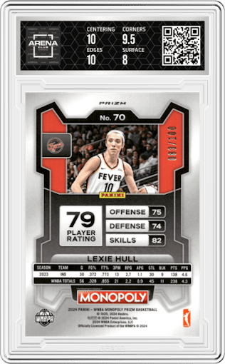 Lexie Hull from the 2024 Panini Prizm Monopoly WNBA set featuring a Red Millionaire Shimmer parallel graded by Arena Club and given an overall grade of 8.5.