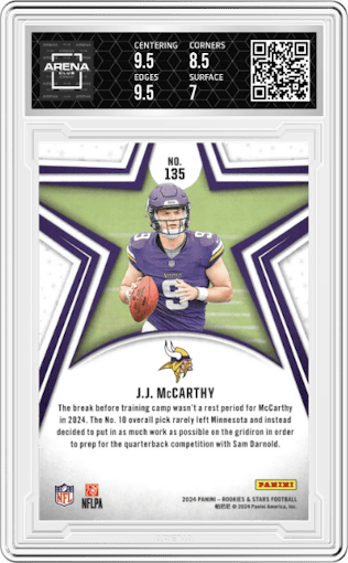 J.J. McCarthy from the 2024 Panini Rookies & Stars set featuring a Red parallel graded by Arena Club and given an overall grade of 7.5.
