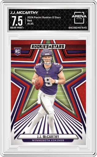 J.J. McCarthy from the 2024 Panini Rookies & Stars set featuring a Red parallel graded by Arena Club and given an overall grade of 7.5.