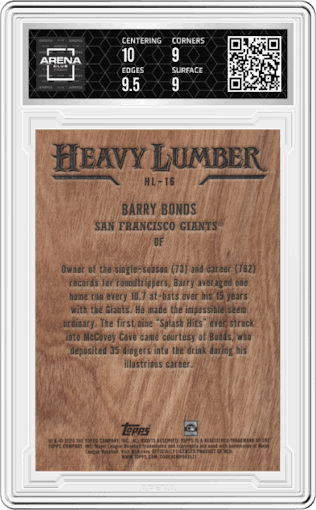 Barry Bonds from the 2025 Topps set graded by Arena Club and given an overall grade of 9.5.