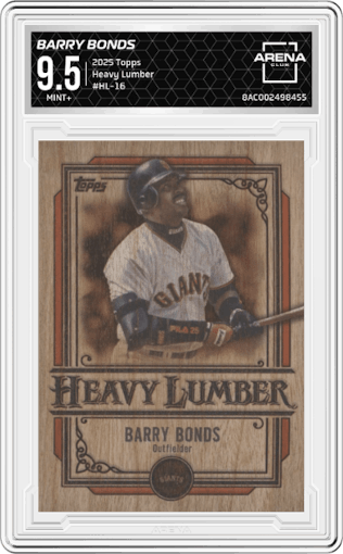 Barry Bonds from the 2025 Topps set graded by Arena Club and given an overall grade of 9.5.