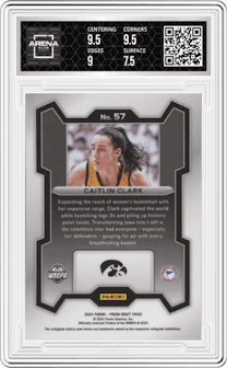 Caitlin Clark from the 2024 Panini Prizm Draft Picks set graded by Arena Club and given an overall grade of 8.