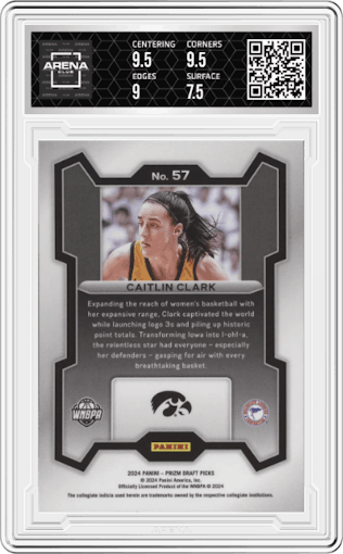 Caitlin Clark from the 2024 Panini Prizm Draft Picks set graded by Arena Club and given an overall grade of 8.