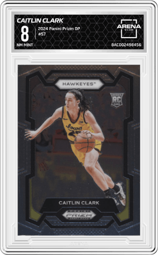 Caitlin Clark from the 2024 Panini Prizm Draft Picks set graded by Arena Club and given an overall grade of 8.