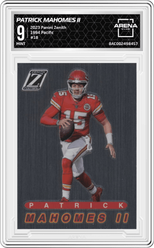 Patrick Mahomes II from the 2023 Panini Zenith set graded by Arena Club and given an overall grade of 9.
