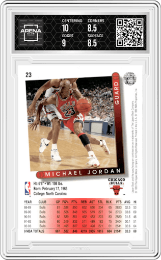 Michael Jordan from the 1993-94 Upper Deck  set graded by Arena Club and given an overall grade of 9.