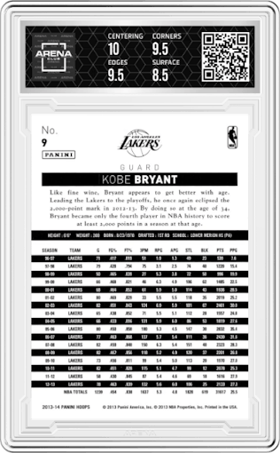 Kobe Bryant from the 2013-14 Panini NBA Hoops set graded by Arena Club and given an overall grade of 9.