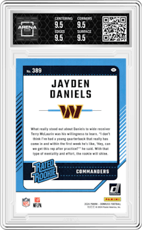 Jayden Daniels from the 2024 Donruss set graded by Arena Club and given an overall grade of 9.5.