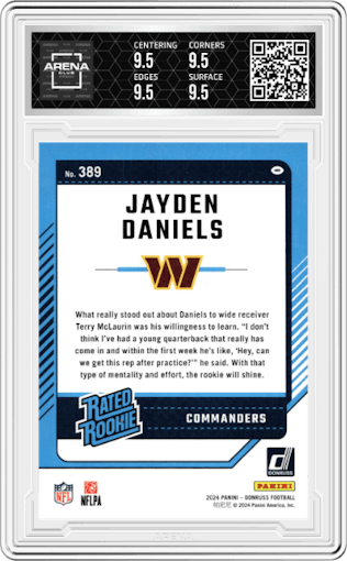 Jayden Daniels from the 2024 Donruss set graded by Arena Club and given an overall grade of 9.5.