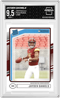 Jayden Daniels from the 2024 Donruss set graded by Arena Club and given an overall grade of 9.5.