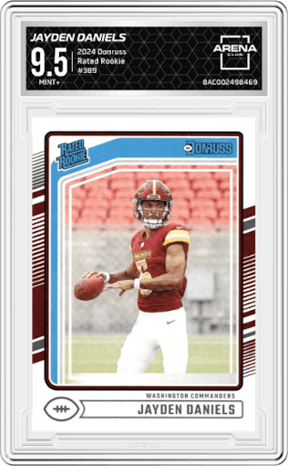 Jayden Daniels from the 2024 Donruss set graded by Arena Club and given an overall grade of 9.5.