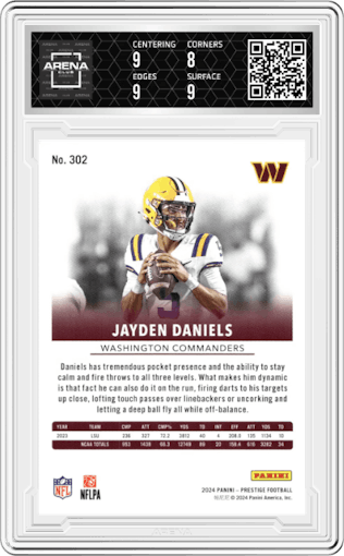 Jayden Daniels from the 2024 Panini Prestige  set graded by Arena Club and given an overall grade of 8.5.