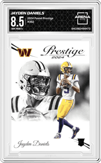 Jayden Daniels from the 2024 Panini Prestige  set graded by Arena Club and given an overall grade of 8.5.