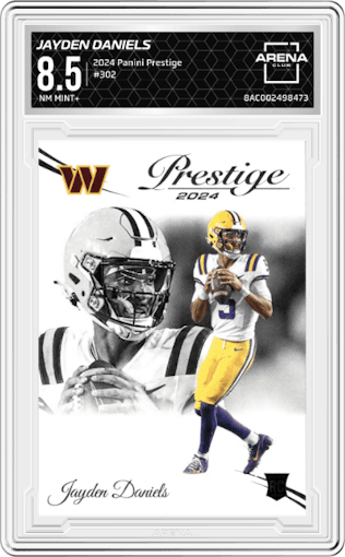 Jayden Daniels from the 2024 Panini Prestige  set graded by Arena Club and given an overall grade of 8.5.