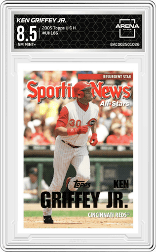 Ken Griffey Jr. from the 2005 Topps Updates and Highlights set graded by Arena Club and given an overall grade of 8.5.