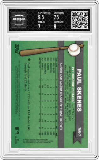 Paul Skenes from the 2025 Topps Heritage set graded by Arena Club and given an overall grade of 7.5.