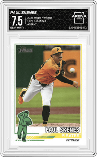 Paul Skenes from the 2025 Topps Heritage set graded by Arena Club and given an overall grade of 7.5.