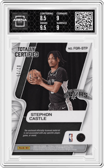Stephon Castle from the 2024-25 Panini Totally Certified set featuring a Mirror Platinum Camo  parallel graded by Arena Club and given an overall grade of 9.