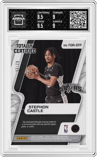 Stephon Castle from the 2024-25 Panini Totally Certified set featuring a Mirror Platinum Camo  parallel graded by Arena Club and given an overall grade of 9.